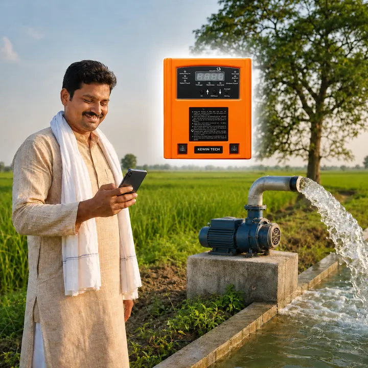Farmer using Kewintech mobile motor starter for tubewell automation