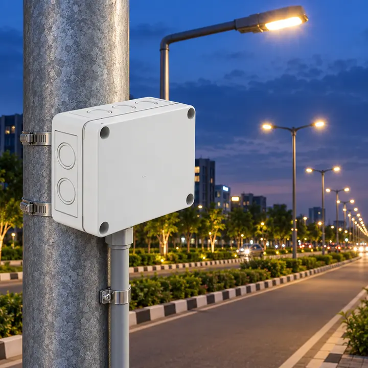 Kewintech polycarbonate junction box installed on a street-light pole
